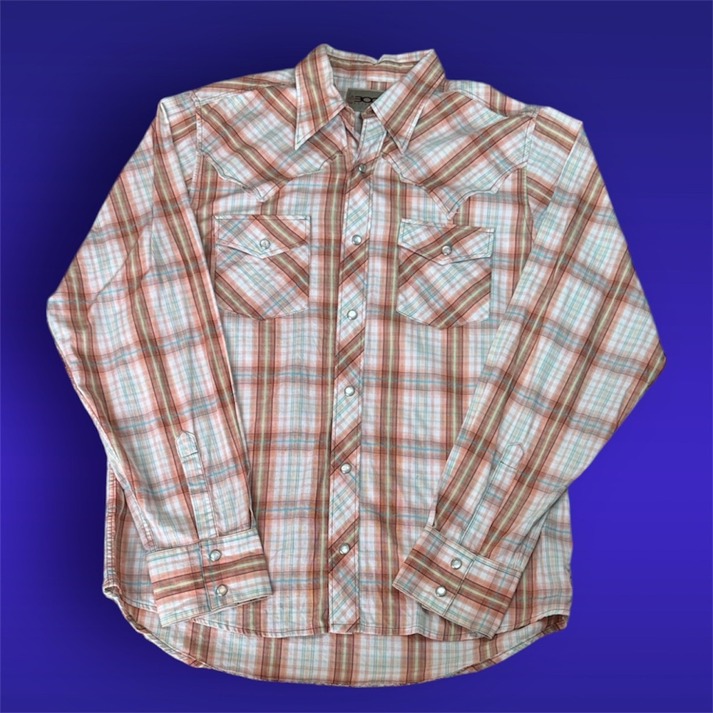 Western Orange Teal White Plaid Pearl Snap Shirt Men’s sz L